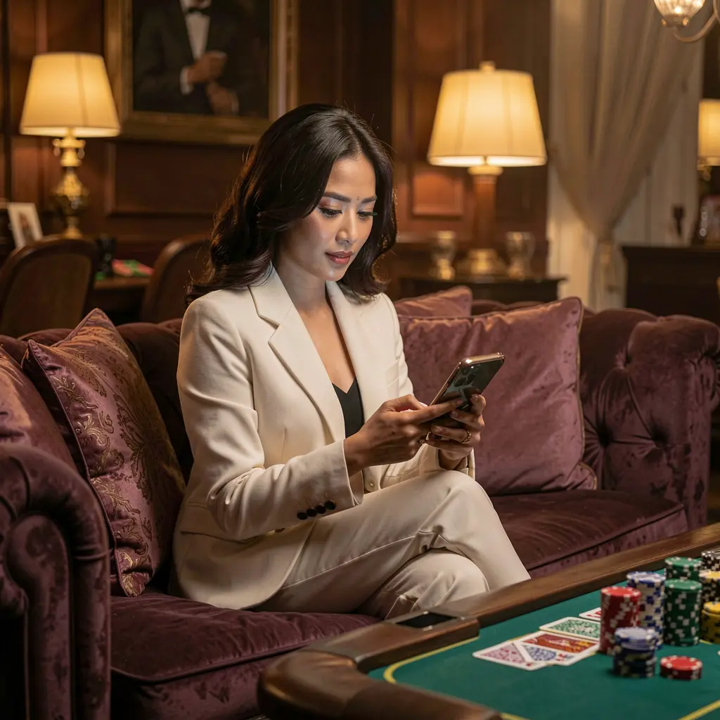 MAHA24 App – Enjoy premium mobile casino gaming anytime in Indonesia Elegant Indonesian woman relaxing on a sofa while using the MAHA24 casino app with glowing chips and cards creating a premium gaming mood