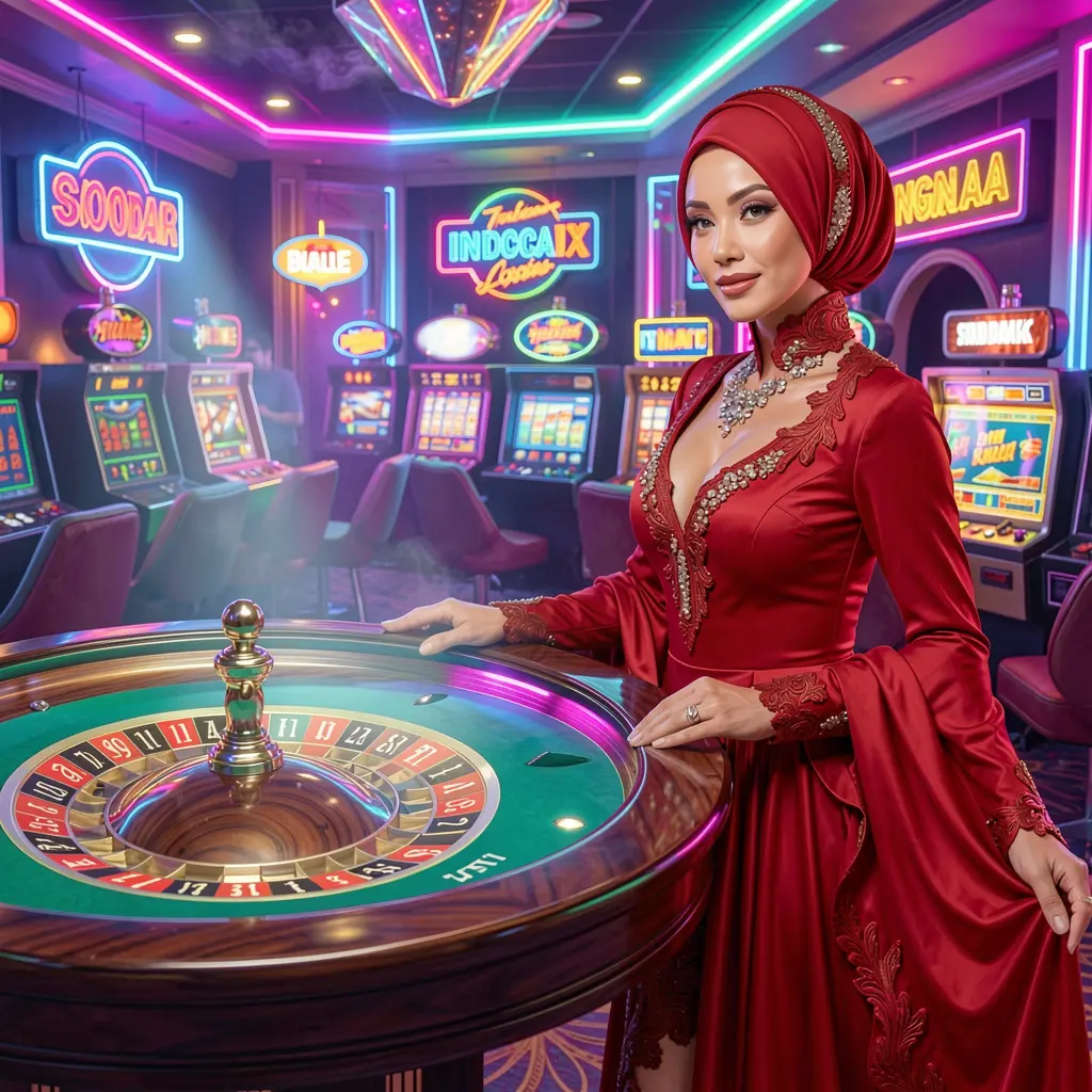 Elegant woman in a flowing red dress standing by a luminous roulette wheel inside a vibrant casino atmosphere at MAHA24, symbolizing high class live casino action for Indonesian players