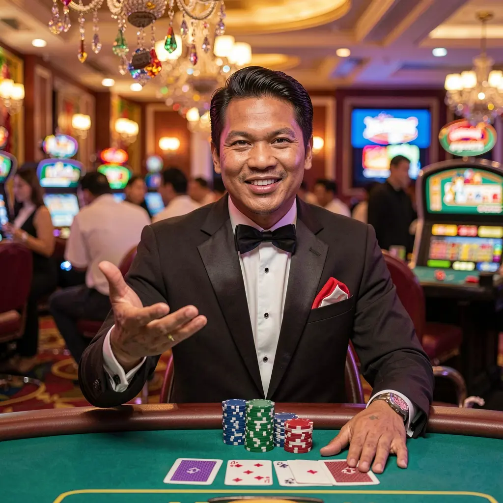 Friendly live casino presenter at a modern gaming table with chips and digital screens highlighting the MAHA24 login experience for Indonesia