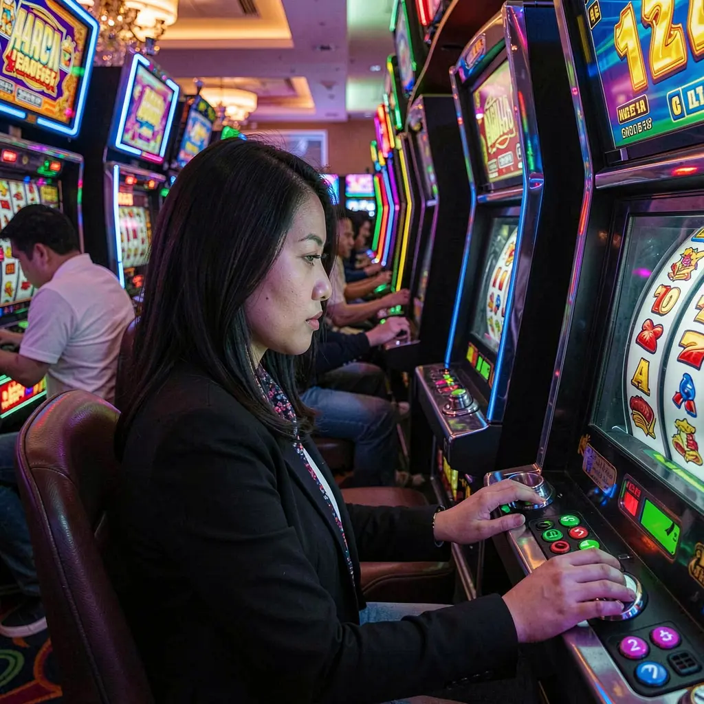 Focused Indonesian player enjoying vibrant slot machine action at MAHA24 casino with colorful lights and a realistic gaming atmosphere